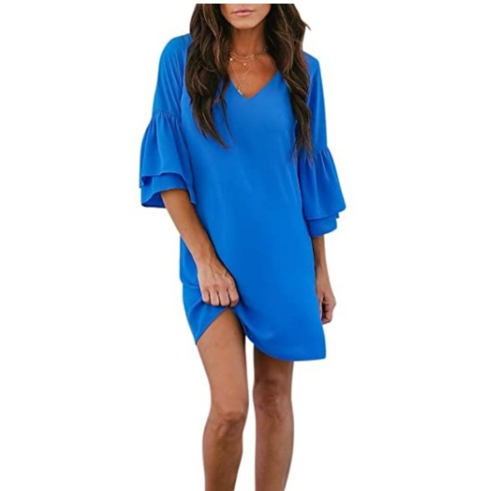 NWT Belongsci Women's Mini Dress V Neck Bell Sleeve Blue Size XL